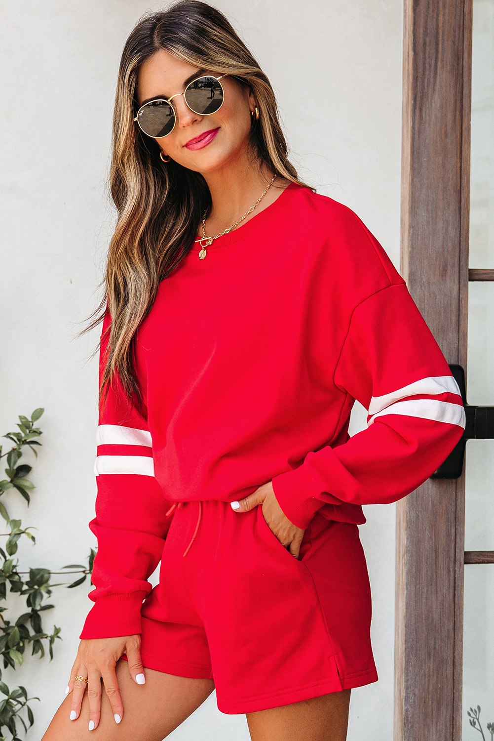 Fiery Red Varsity Striped Sleeve Drop Shoulder Sweatshirt and Short Set view 4