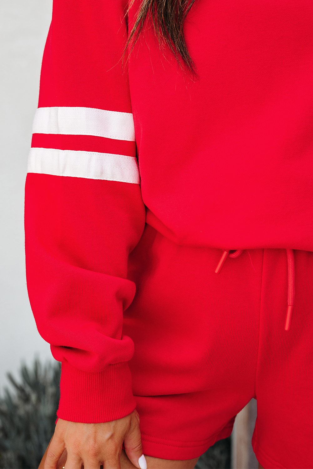 Fiery Red Varsity Striped Sleeve Drop Shoulder Sweatshirt and Short Set view 8