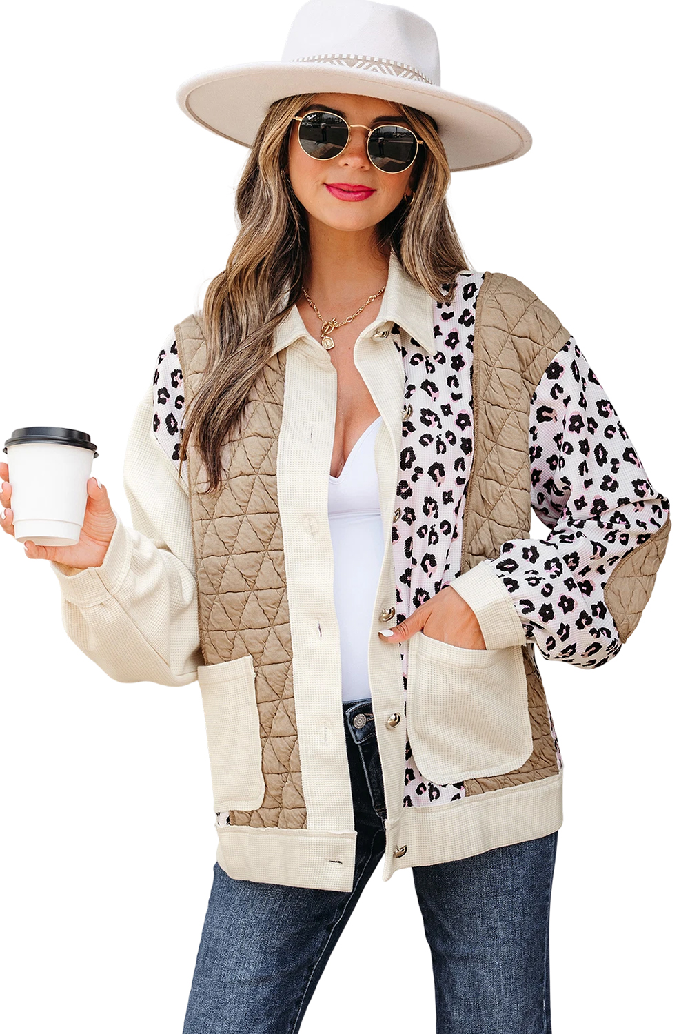 Khaki Leopard Waffle Quilted Patchwork Button Front Jacket view 22