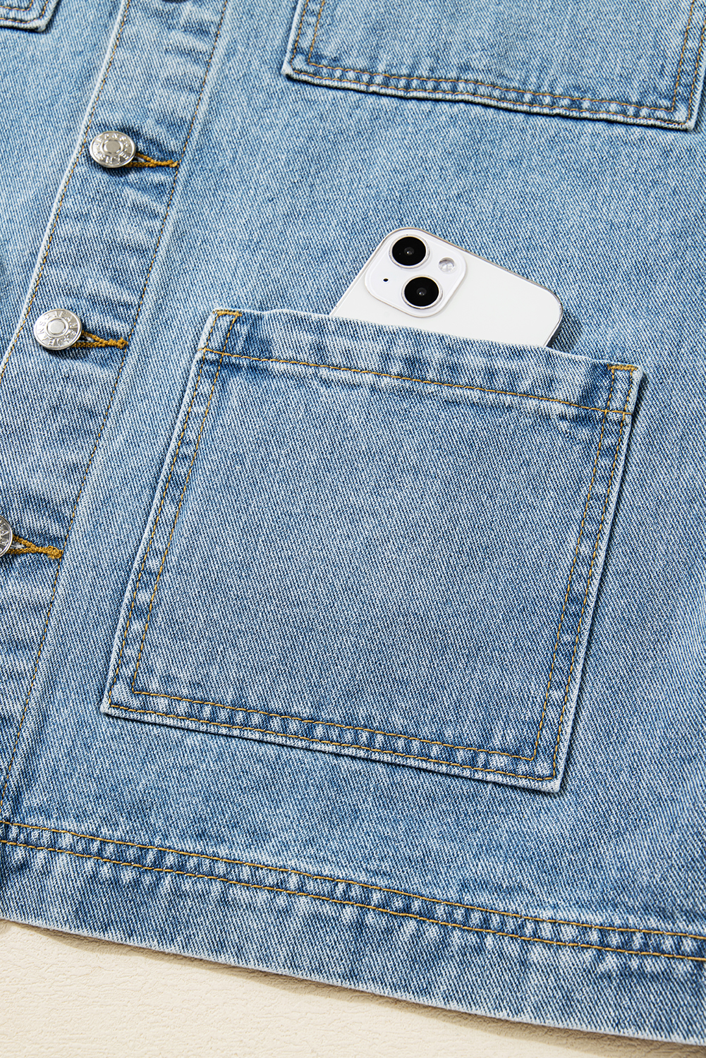 Beau Blue Multi Patched Pockets Side Tie up Boyfriend Style Denim Jacket view 16