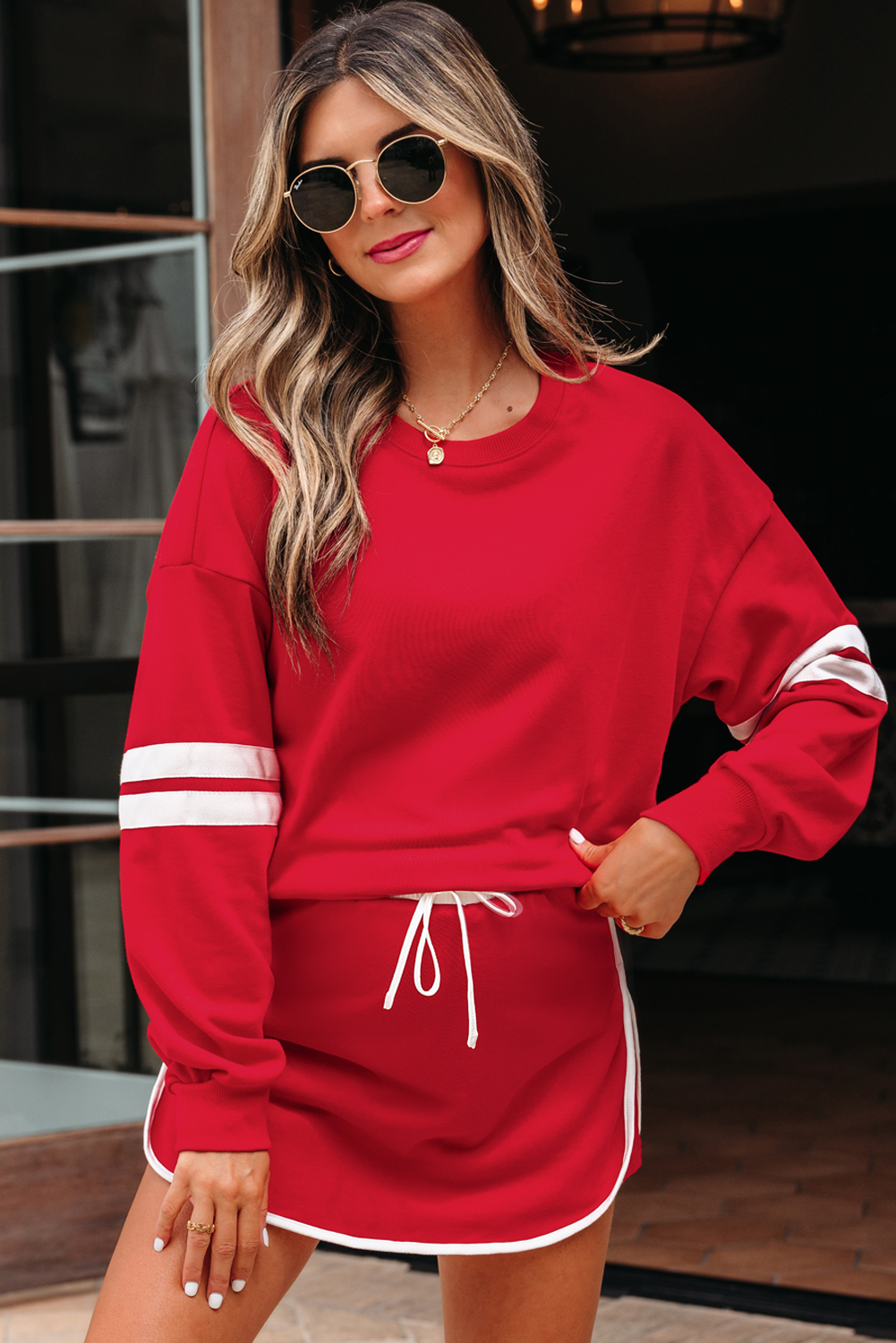 Fiery Red Varsity Stripe Detail Drop Shoulder Pullover Mini Skort Set view 4