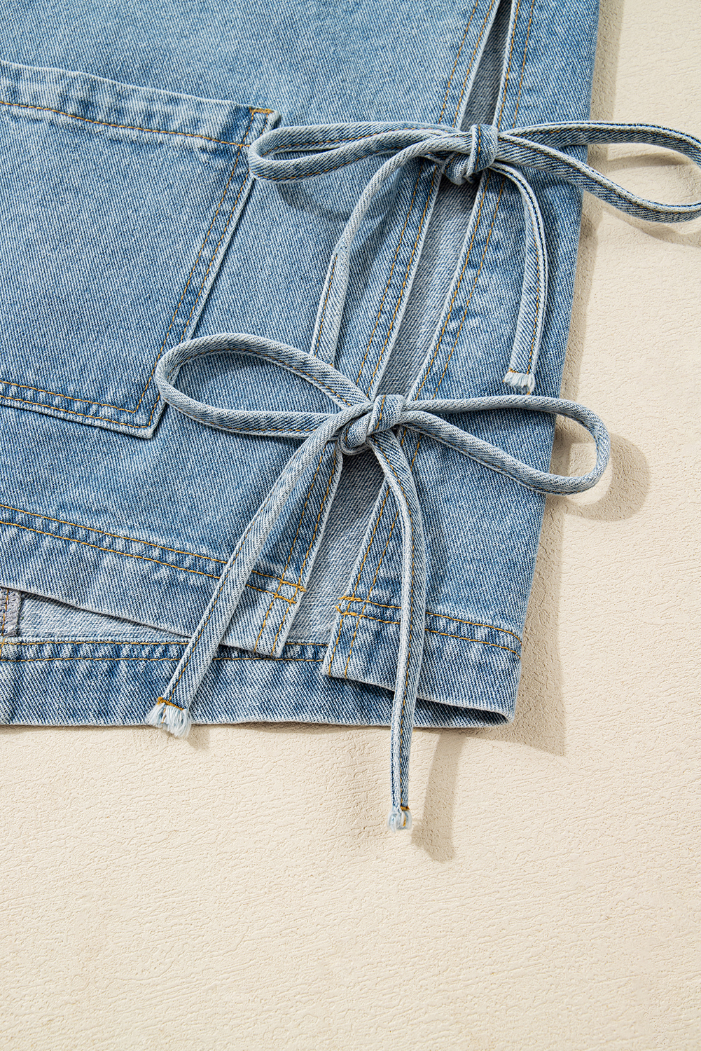 Beau Blue Multi Patched Pockets Side Tie up Boyfriend Style Denim Jacket view 14