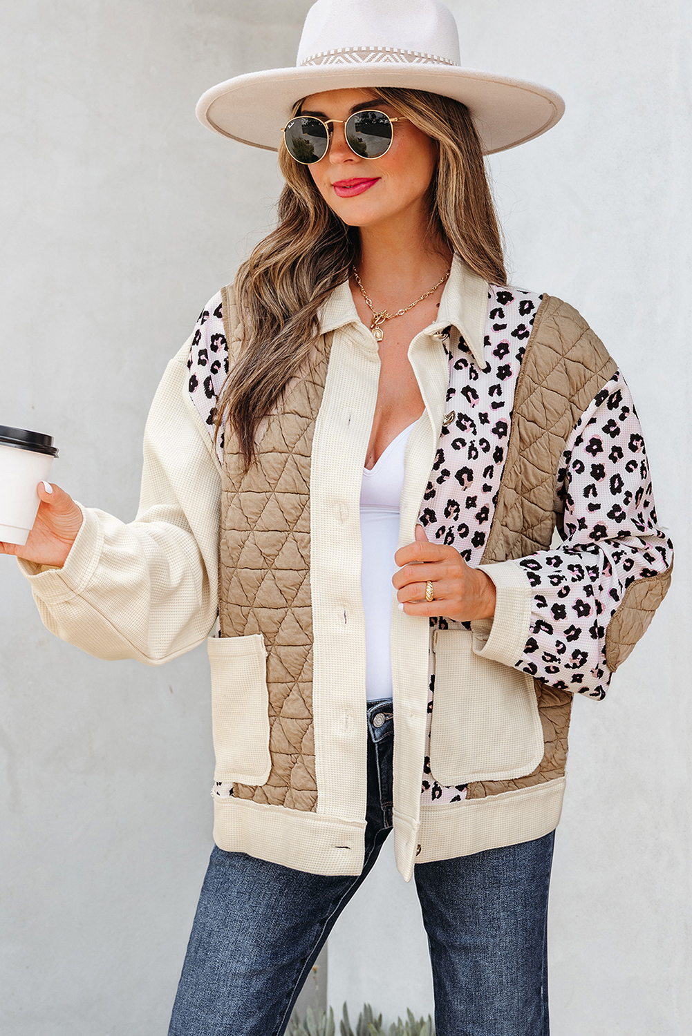 Khaki Leopard Waffle Quilted Patchwork Button Front Jacket view 5