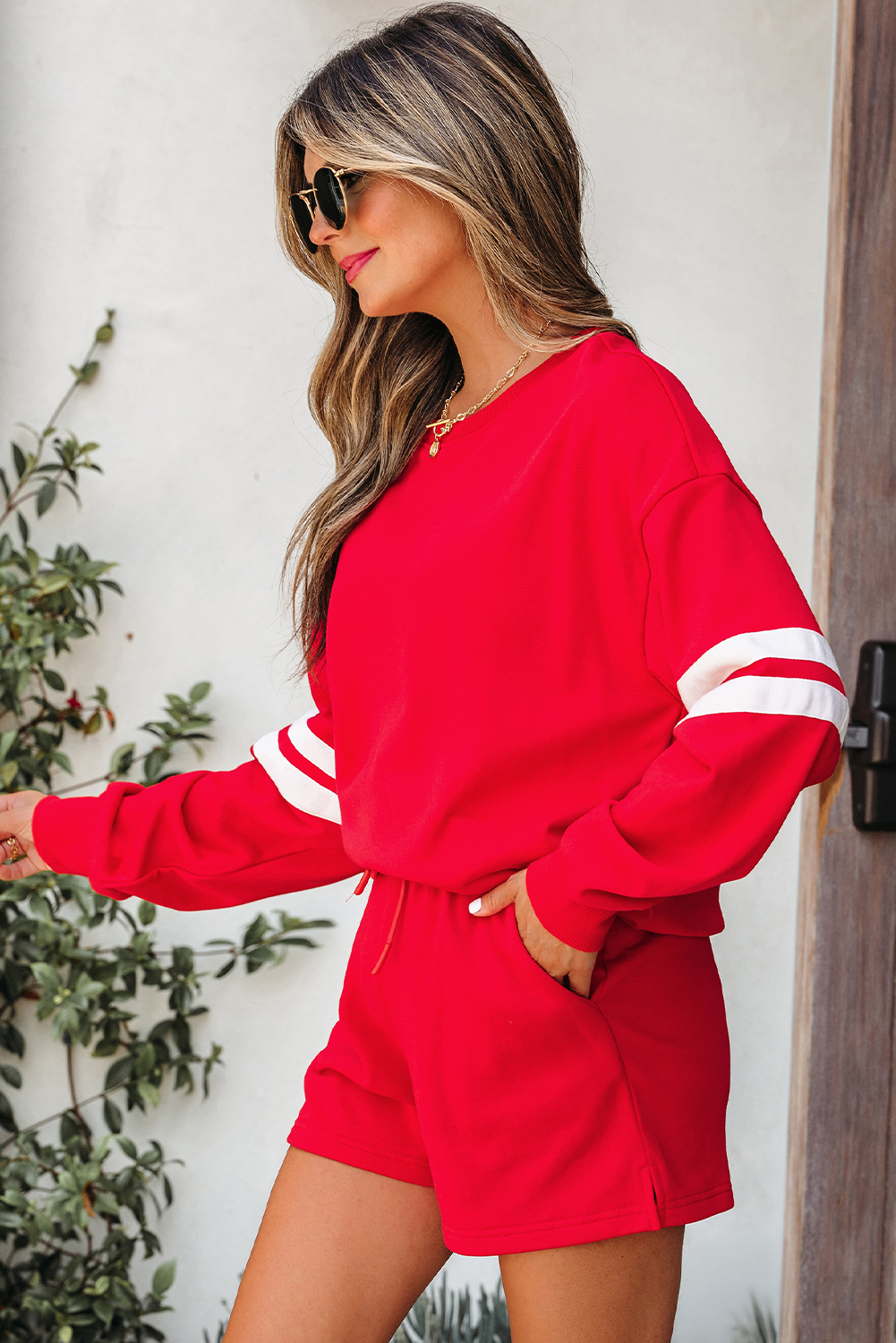 Fiery Red Varsity Striped Sleeve Drop Shoulder Sweatshirt and Short Set view 3
