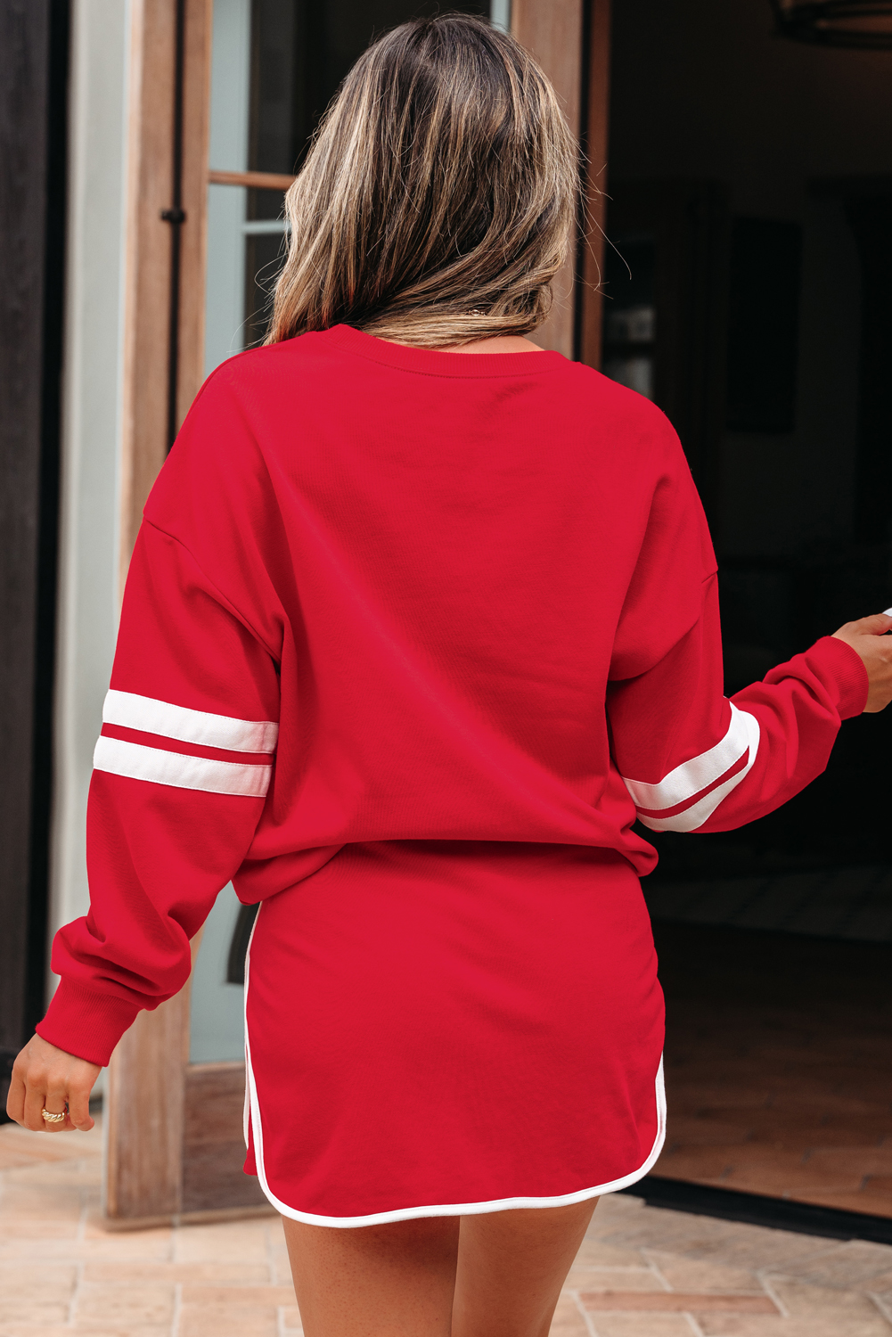 Fiery Red Varsity Stripe Detail Drop Shoulder Pullover Mini Skort Set view 2