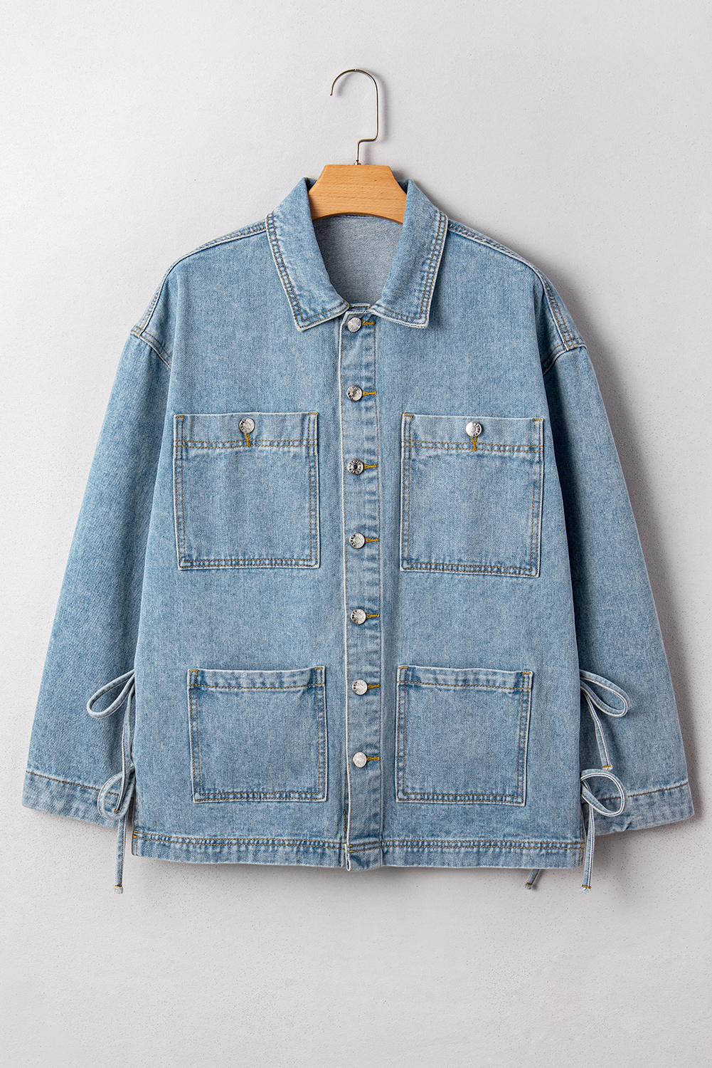 Beau Blue Multi Patched Pockets Side Tie up Boyfriend Style Denim Jacket view 9