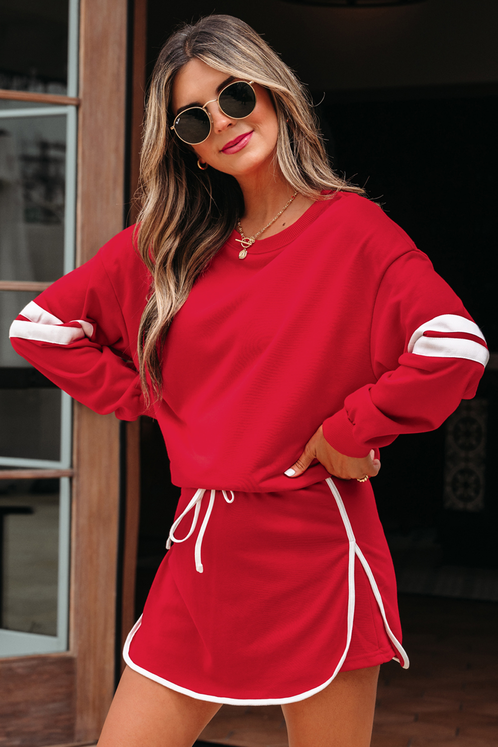 Fiery Red Varsity Stripe Detail Drop Shoulder Pullover Mini Skort Set view 3