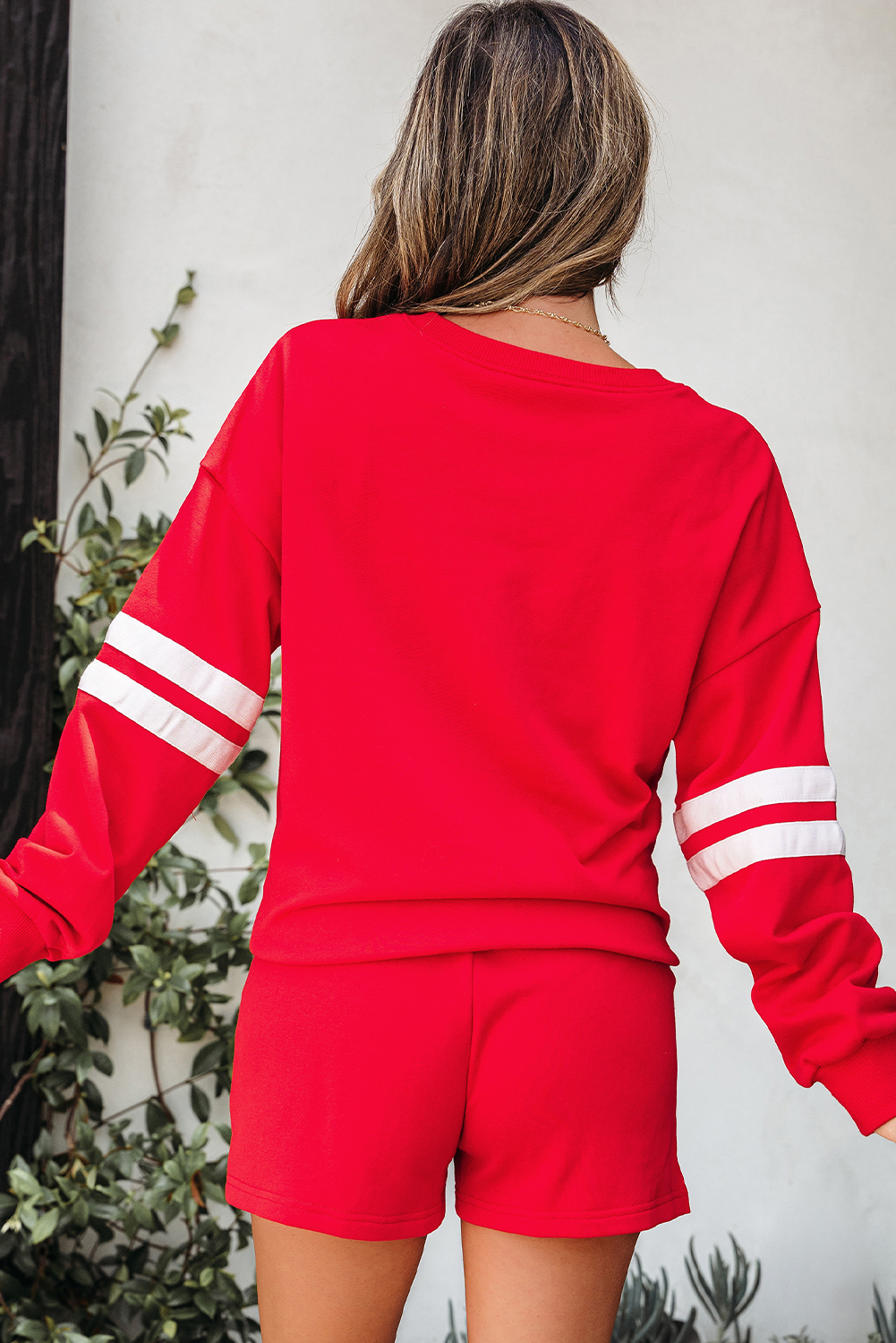 Fiery Red Varsity Striped Sleeve Drop Shoulder Sweatshirt and Short Set view 2