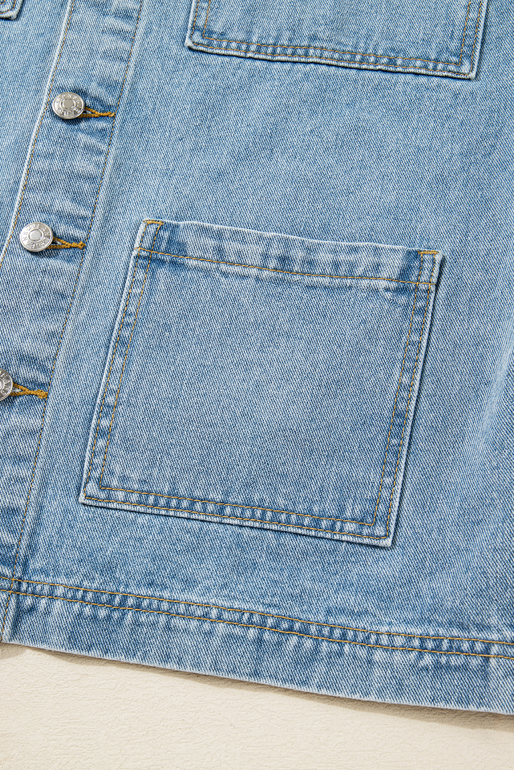 Beau Blue Multi Patched Pockets Side Tie up Boyfriend Style Denim Jacket view 15