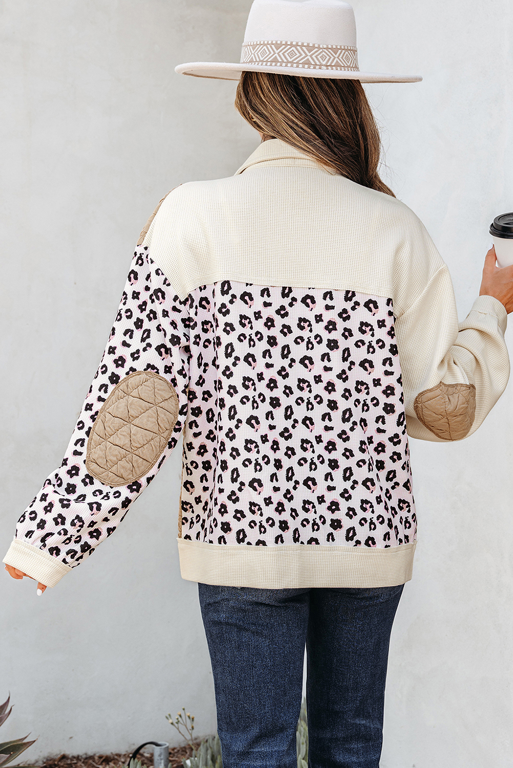 Khaki Leopard Waffle Quilted Patchwork Button Front Jacket view 2
