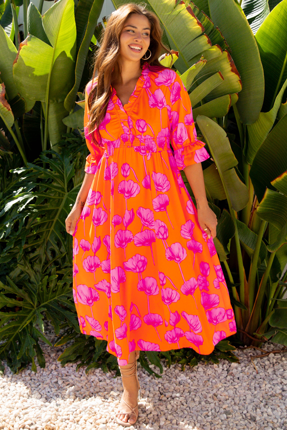 Orange Floral Print Frilly Smocked V Neck 3/4 Sleeve Long Dress view 6
