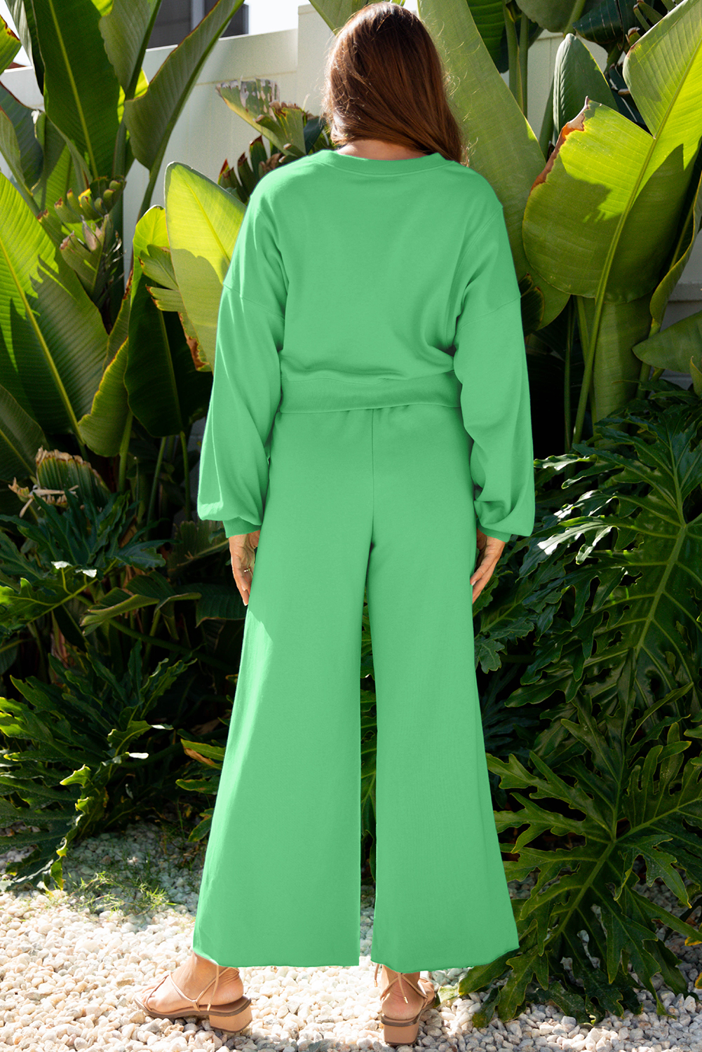 Bright Green Drop Shoulder Puff Sleeve Crop Pullover Drawstring Wide Leg Pants Set view 2