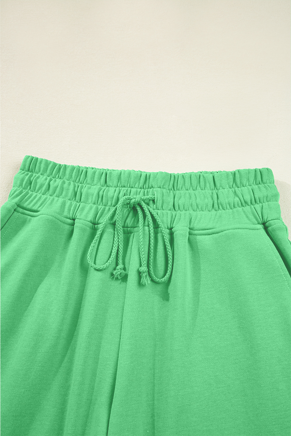 Bright Green Drop Shoulder Puff Sleeve Crop Pullover Drawstring Wide Leg Pants Set view 14
