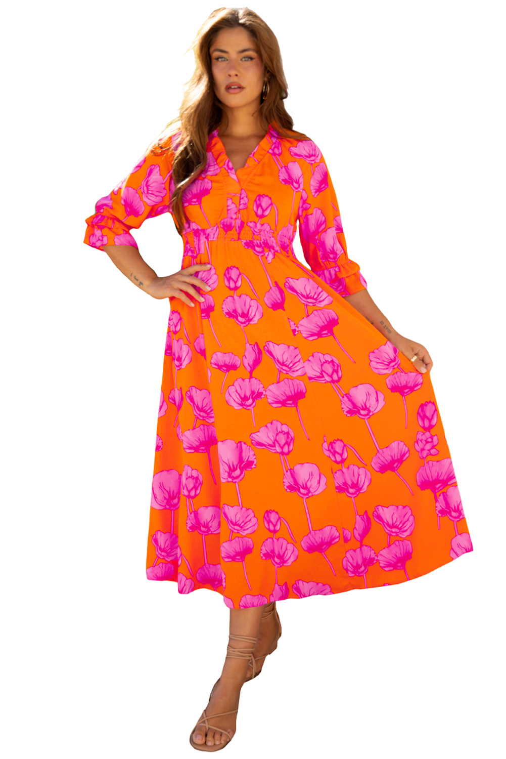 Orange Floral Print Frilly Smocked V Neck 3/4 Sleeve Long Dress view 21