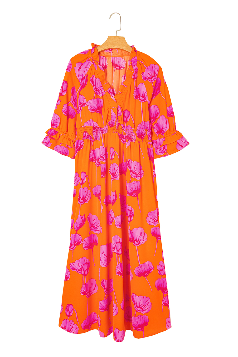 Orange Floral Print Frilly Smocked V Neck 3/4 Sleeve Long Dress view 22