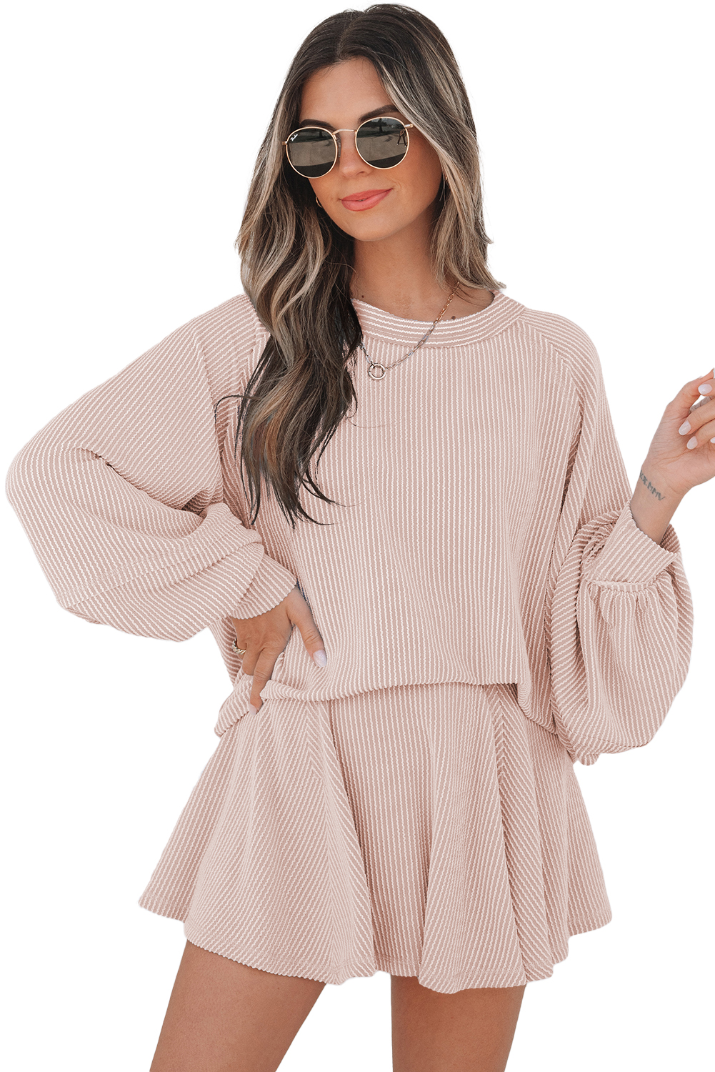 Jet Stream Corded Lantern Sleeve Top High Waist Ruffled Mini Skort Set