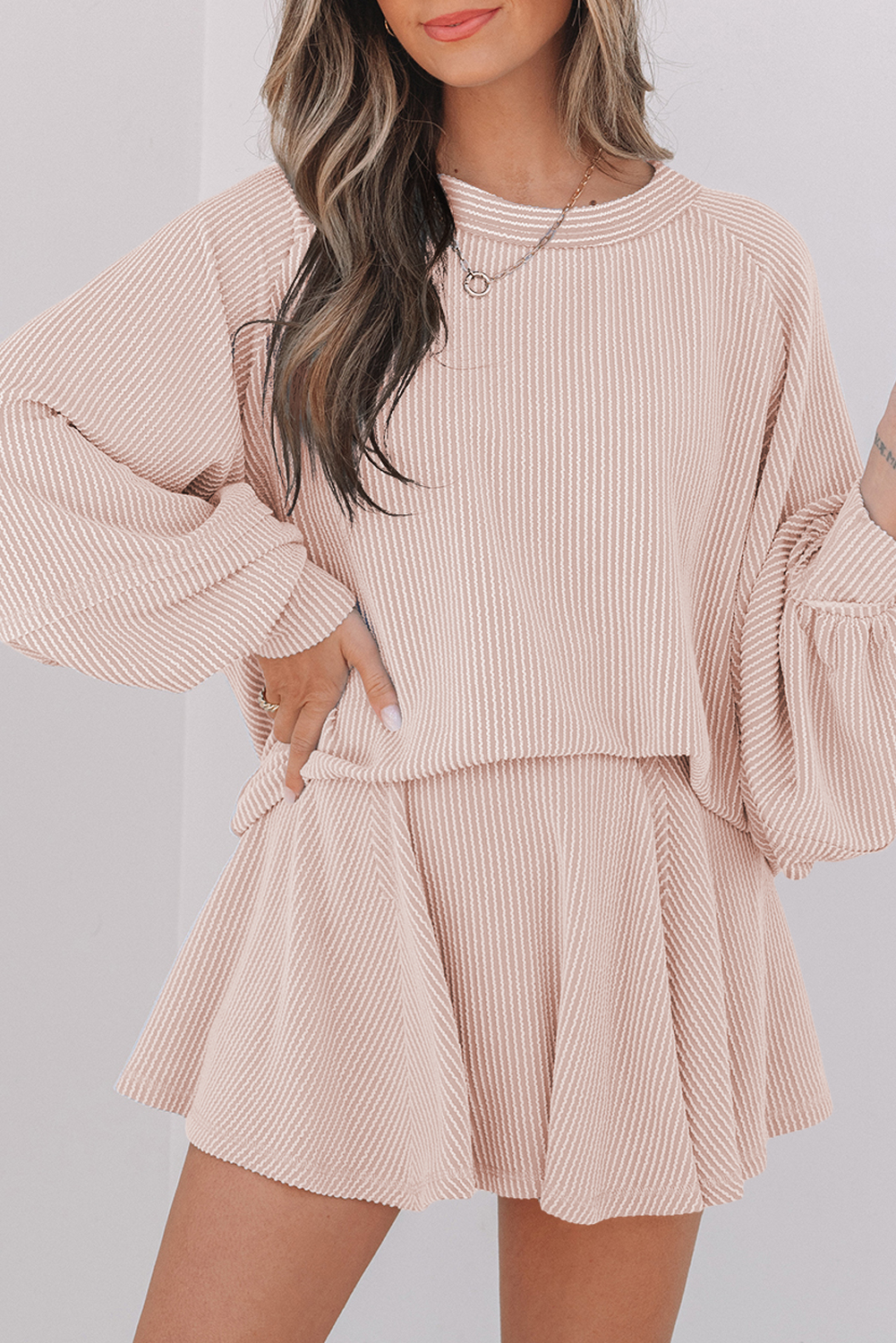 Jet Stream Corded Lantern Sleeve Top High Waist Ruffled Mini Skort Set