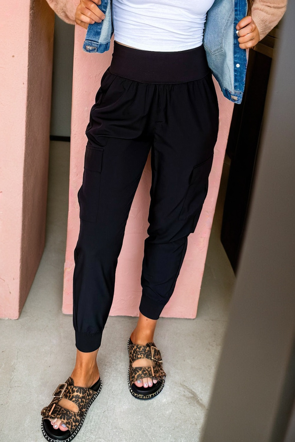 Black Elastic High Waist Pocketed Cargo Jogger Pants view 3