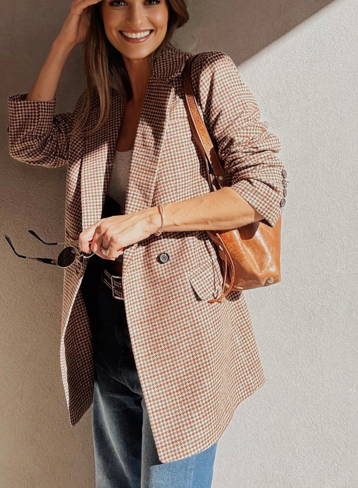 Brown Houndstooth Lapel Collar Blazer view 3