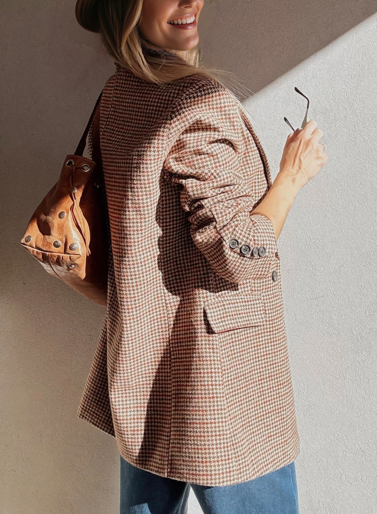 Brown Houndstooth Lapel Collar Blazer view 2