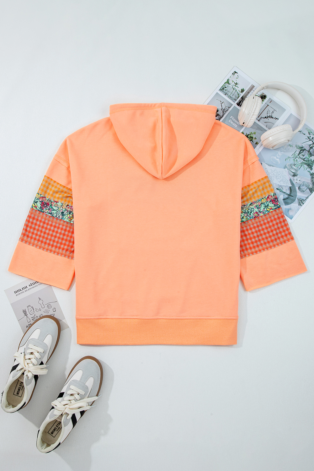 Grapefruit Orange Plaid Floral Patchwork Kangaroo Pocket Hooded Long Sleeve Top view 13