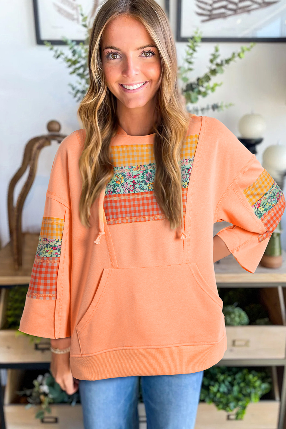 Grapefruit Orange Plaid Floral Patchwork Kangaroo Pocket Hooded Long Sleeve Top view 11