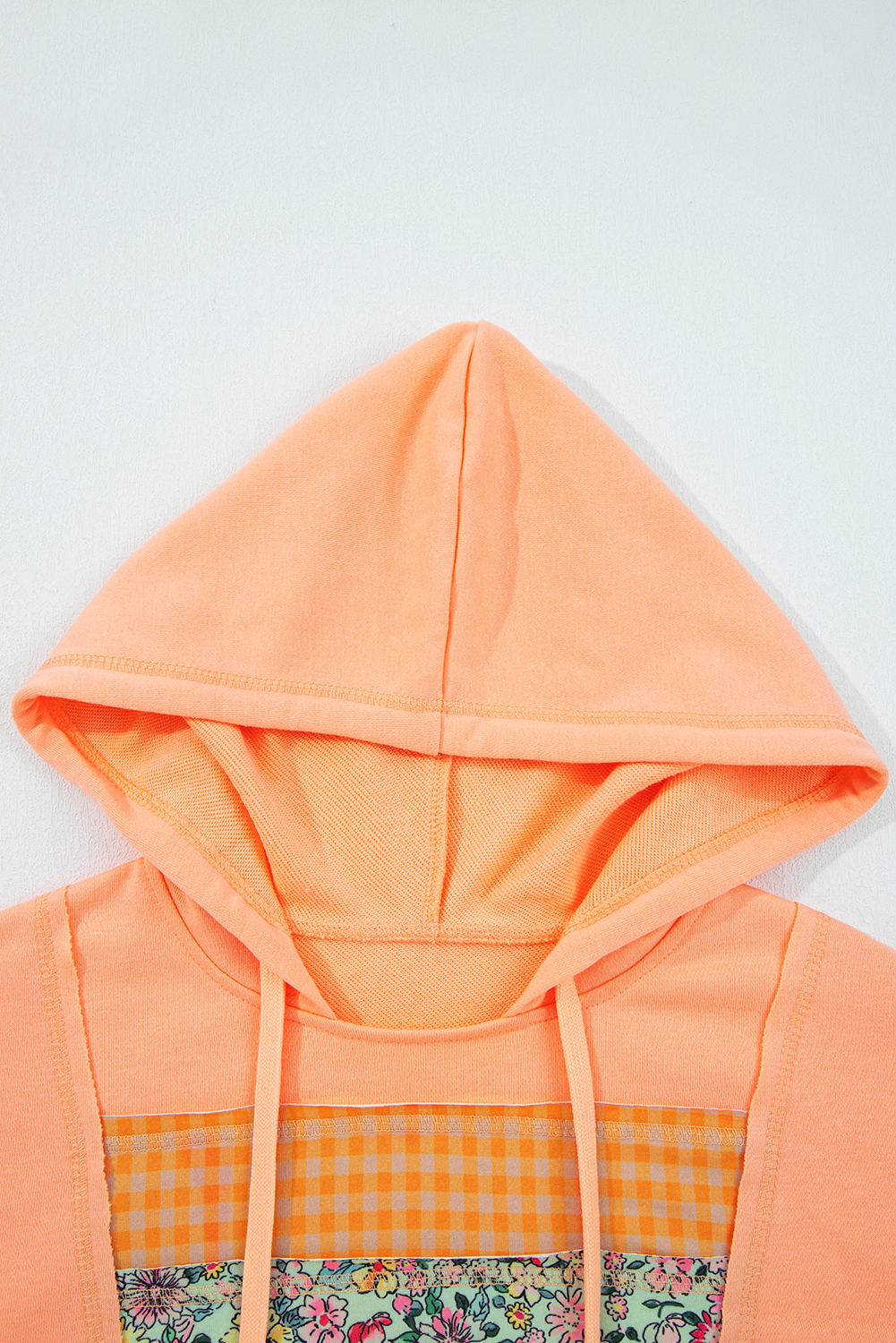 Grapefruit Orange Plaid Floral Patchwork Kangaroo Pocket Hooded Long Sleeve Top view 14