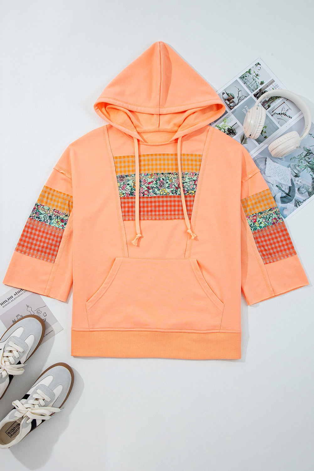 Grapefruit Orange Plaid Floral Patchwork Kangaroo Pocket Hooded Long Sleeve Top view 12