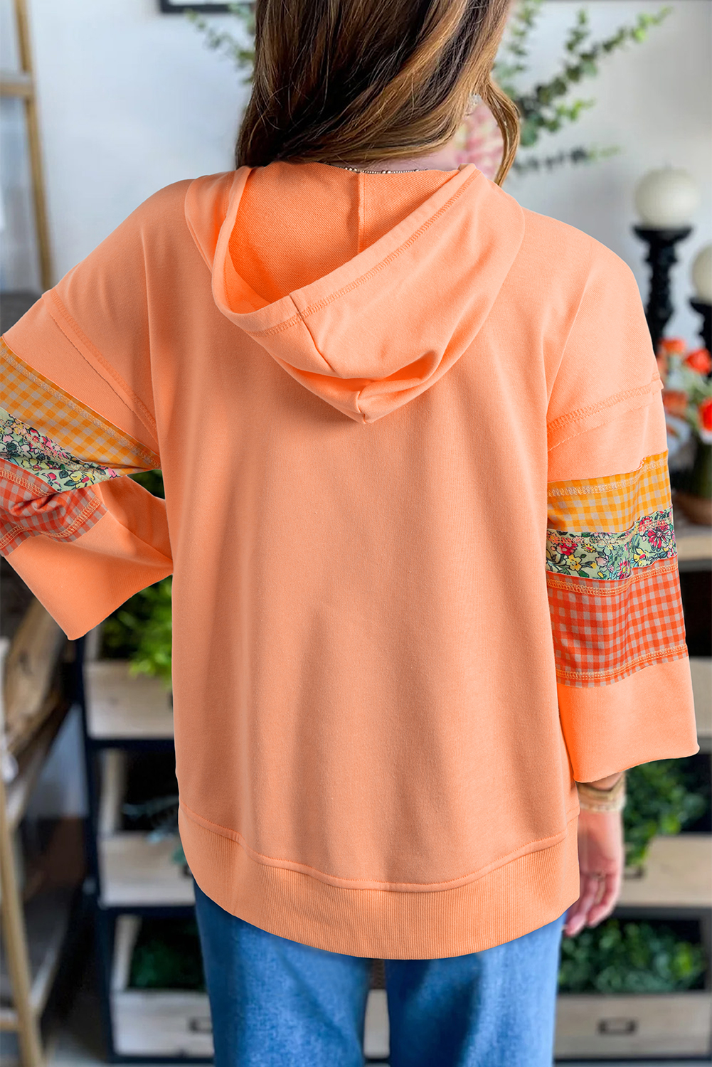 Grapefruit Orange Plaid Floral Patchwork Kangaroo Pocket Hooded Long Sleeve Top view 10