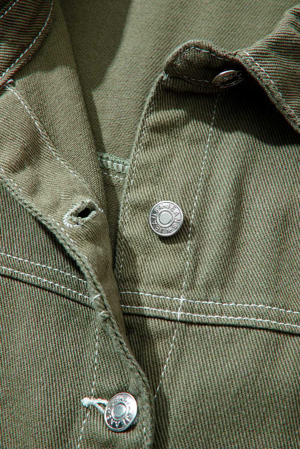 Smoke Green Patched Pocket Collared Button Front Boyfriend Denim Jacket view 19