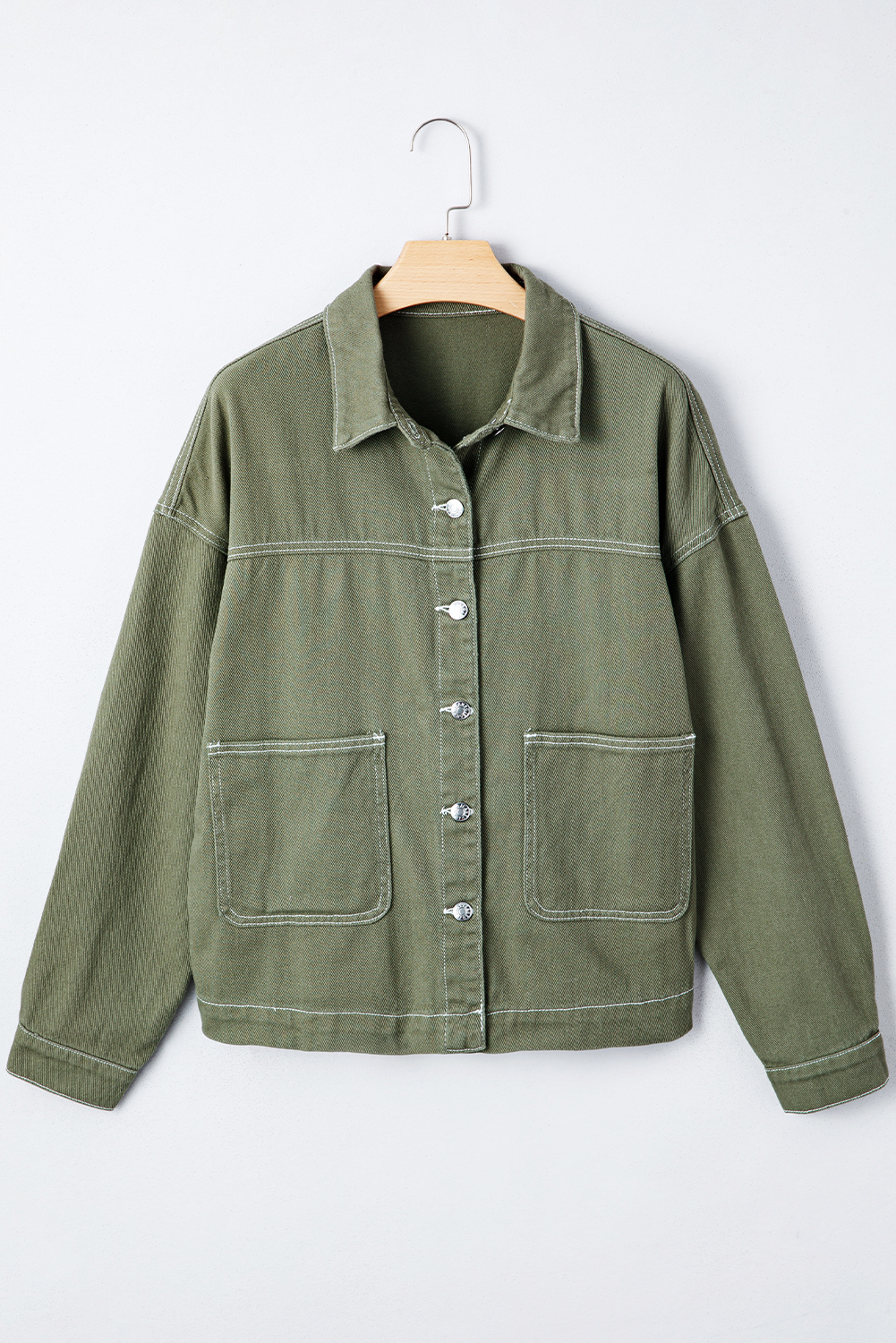 Smoke Green Patched Pocket Collared Button Front Boyfriend Denim Jacket view 14