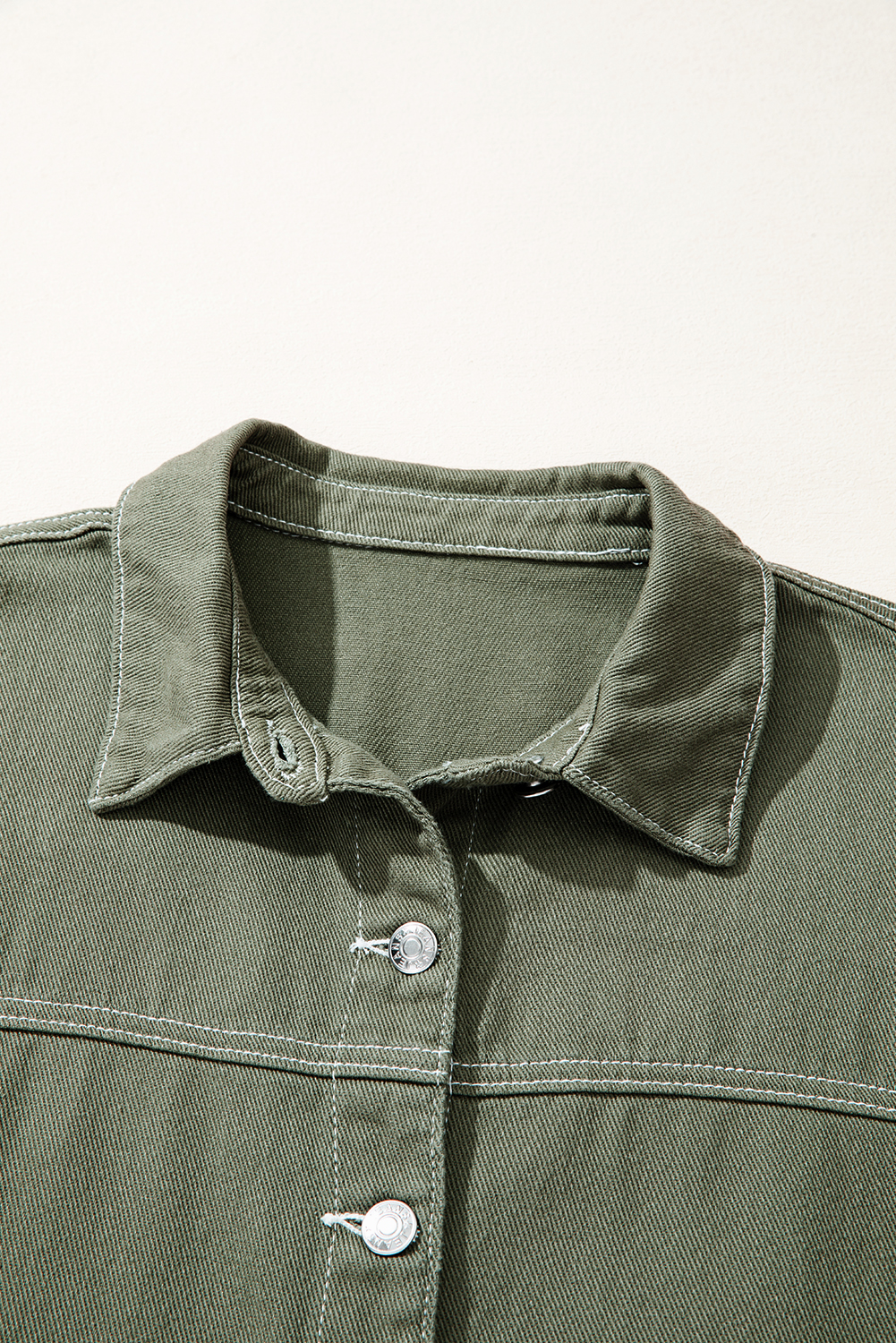 Smoke Green Patched Pocket Collared Button Front Boyfriend Denim Jacket view 20