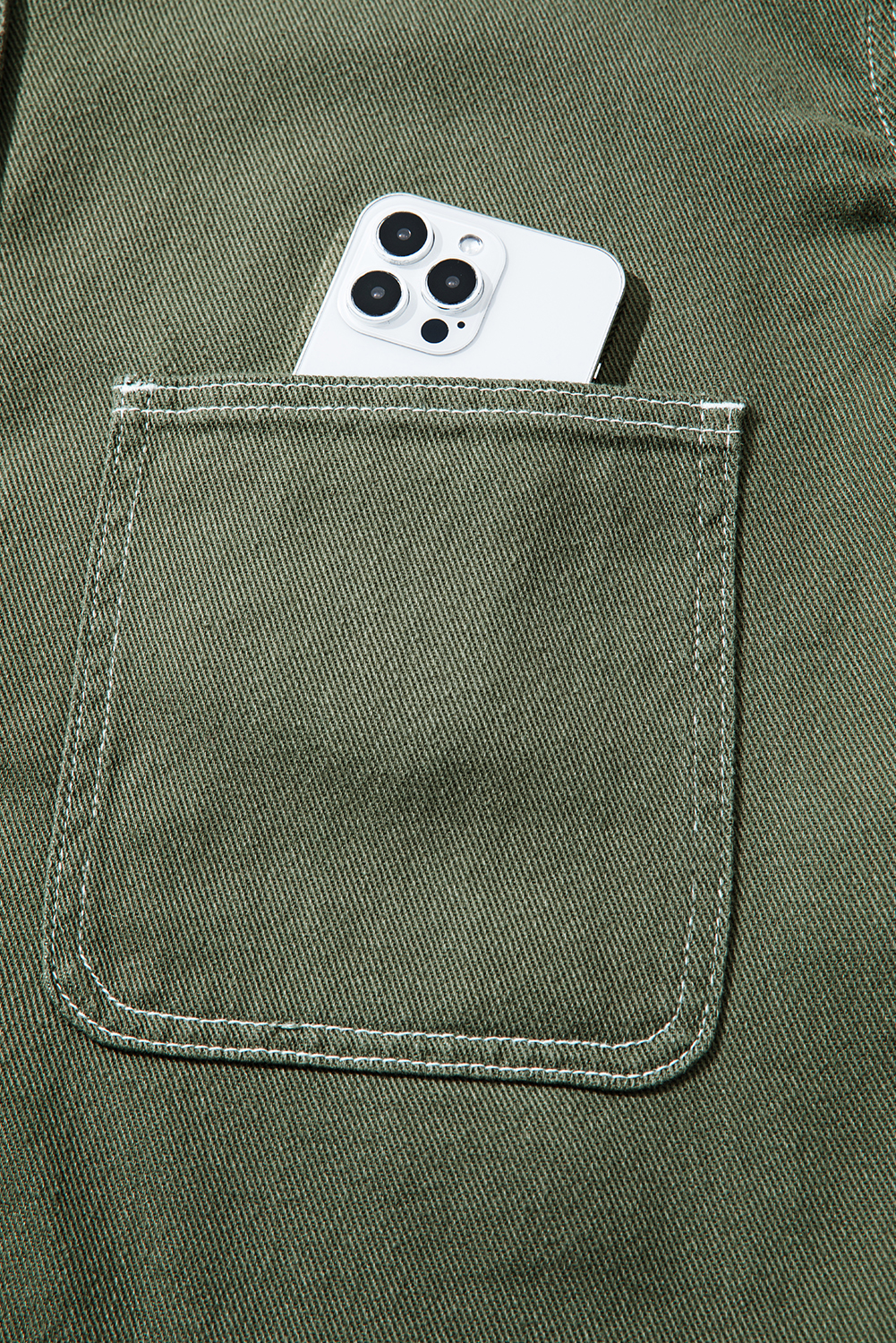 Smoke Green Patched Pocket Collared Button Front Boyfriend Denim Jacket view 21