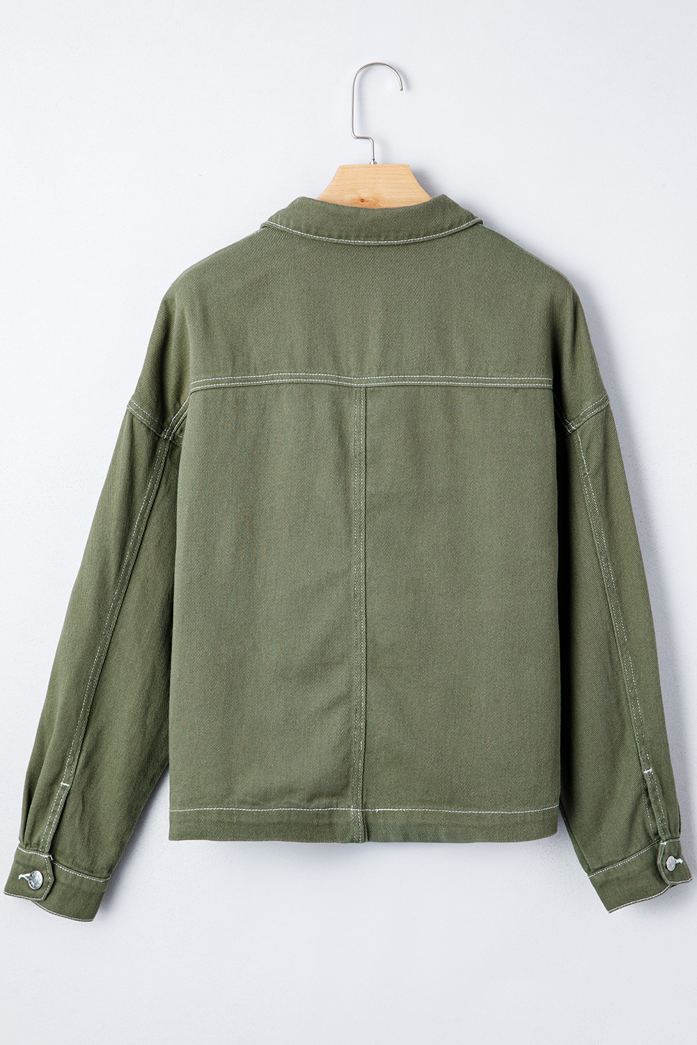 Smoke Green Patched Pocket Collared Button Front Boyfriend Denim Jacket view 15