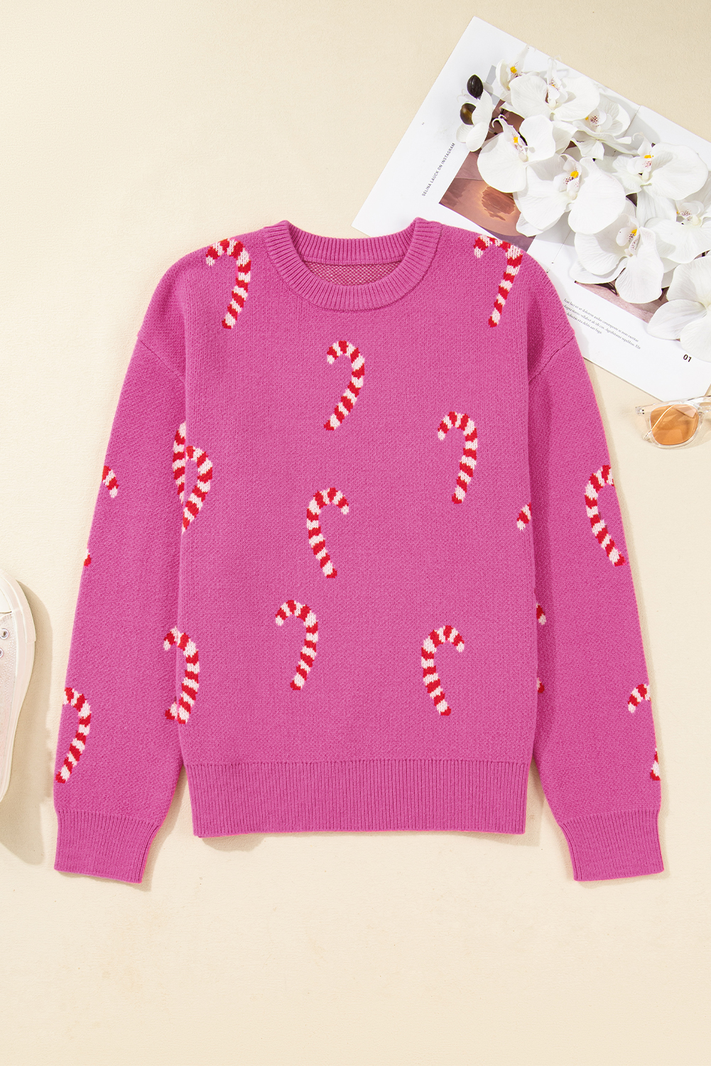Sachet Pink Christmas Candy Cane Holiday Drop Shoulder Sweater view 17