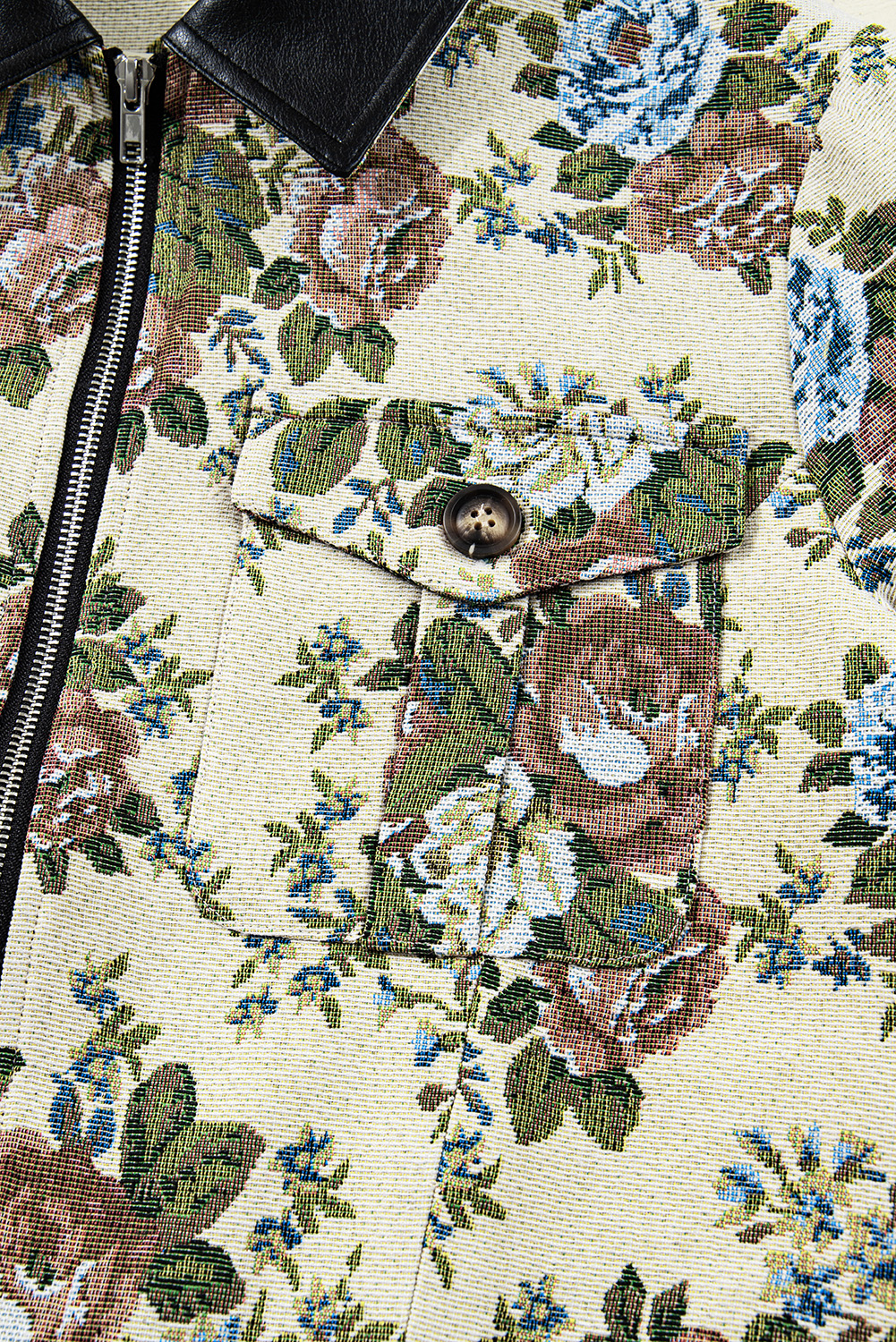 Khaki Floral Print Zip Up Contrast Collared Jacket view 15