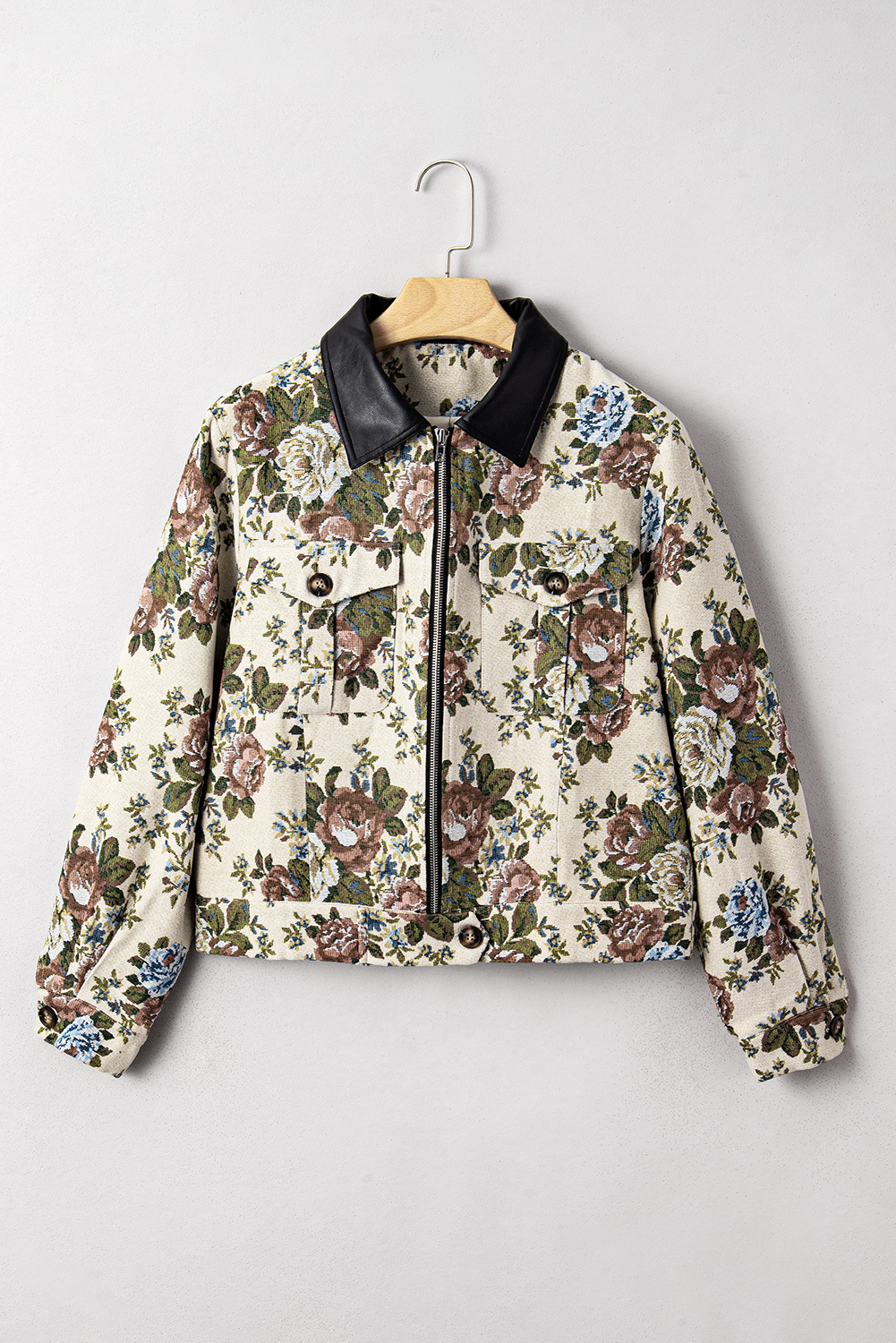 Khaki Floral Print Zip Up Contrast Collared Jacket view 9