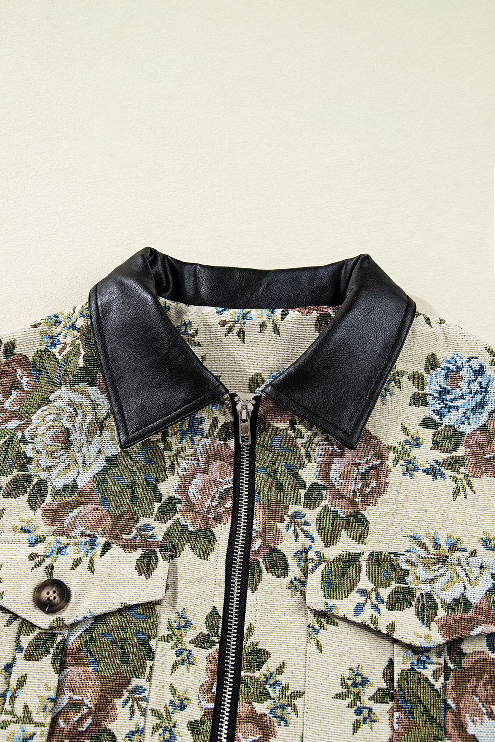 Khaki Floral Print Zip Up Contrast Collared Jacket view 11