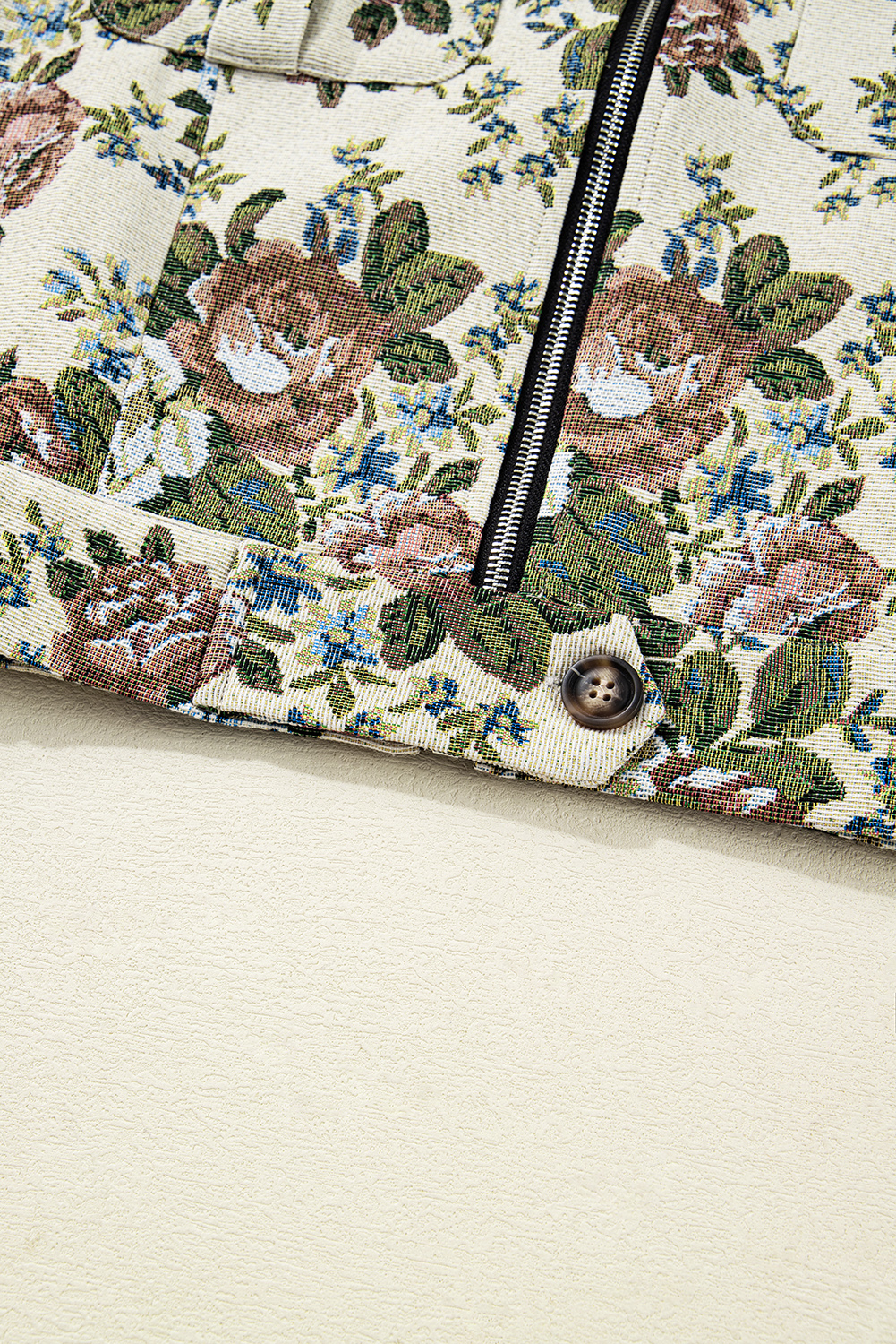 Khaki Floral Print Zip Up Contrast Collared Jacket view 14