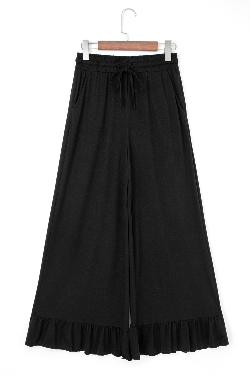 Black Ruffled Wide Leg Pull On High Waist Pants with Pockets view 3