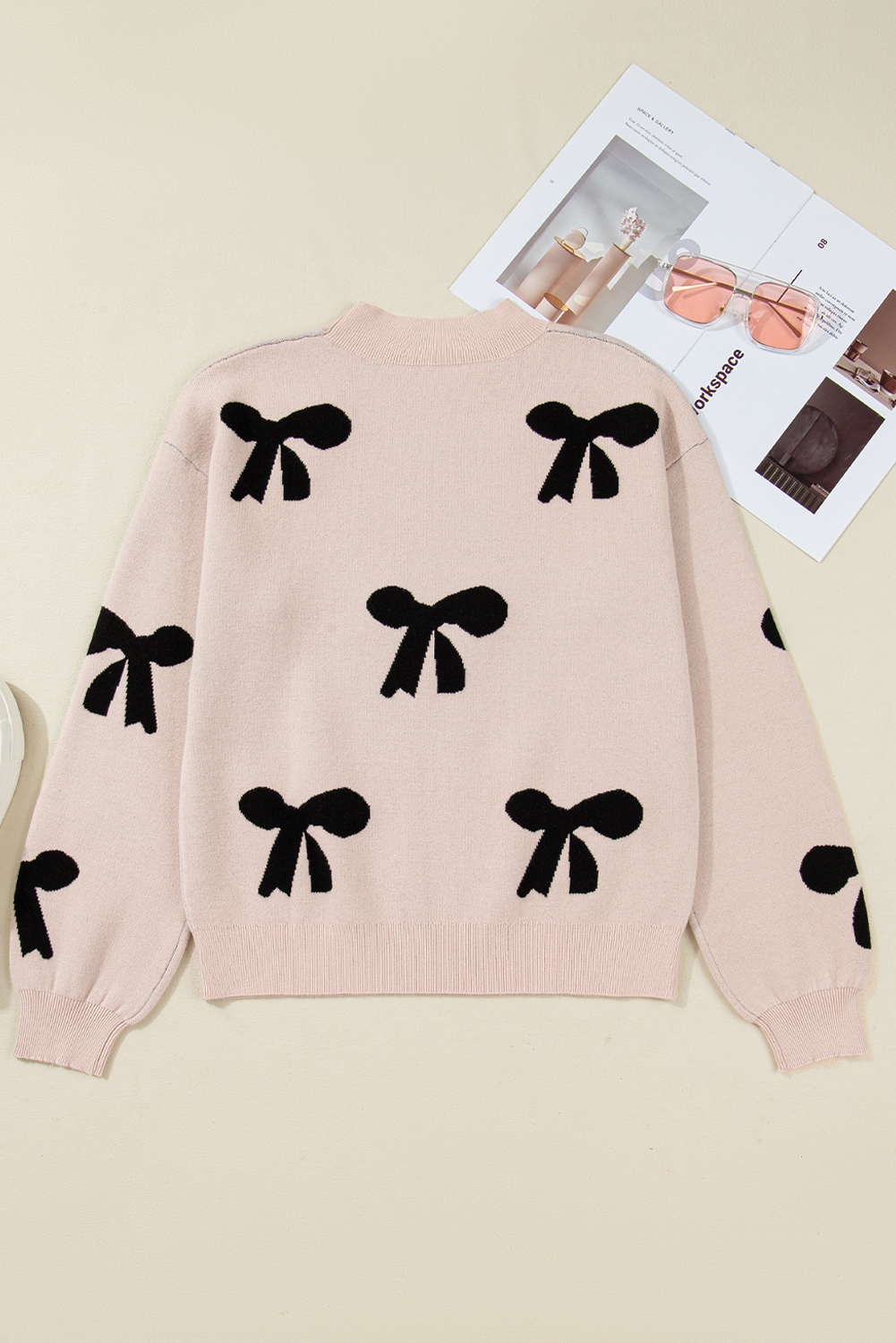 Smoke Gray Pearl Embellished Bow Pattern Loose Sweater view 10