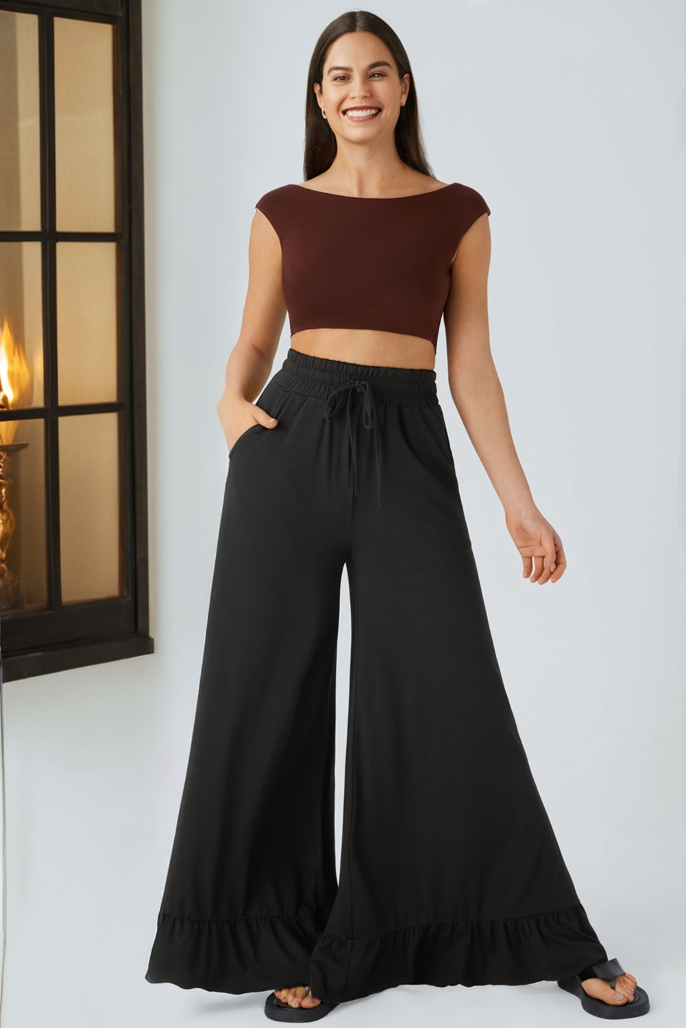 Black Ruffled Wide Leg Pull On High Waist Pants with Pockets view 2
