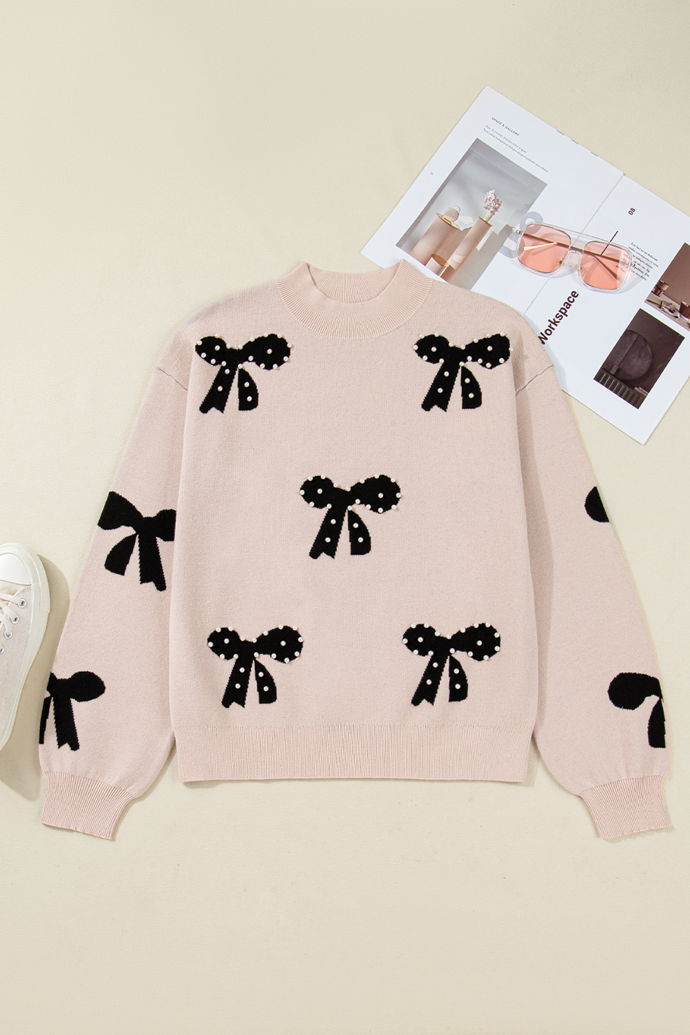 Smoke Gray Pearl Embellished Bow Pattern Loose Sweater view 9