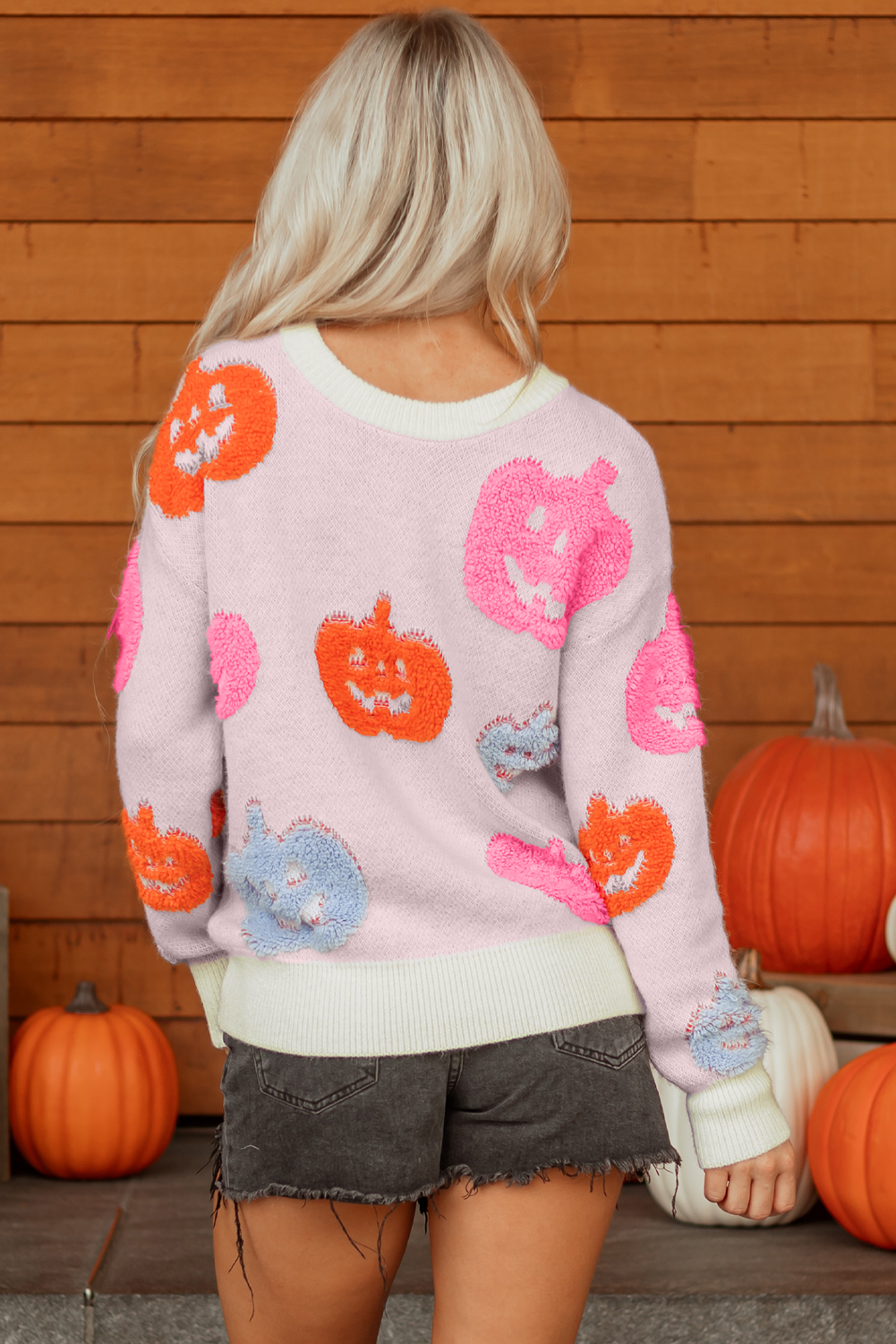 Beige Halloween Cute Pumpkin Pattern Sweater view 2