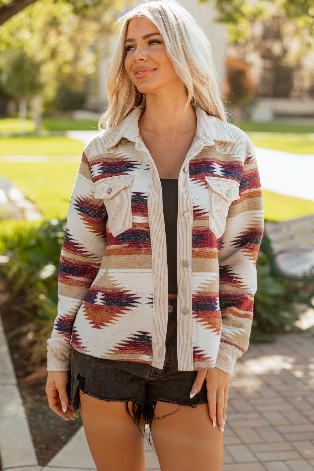 Multicolour Western Aztec Ribbed Patchwork Double Flap Pocket Raw Hem Shacket view 4