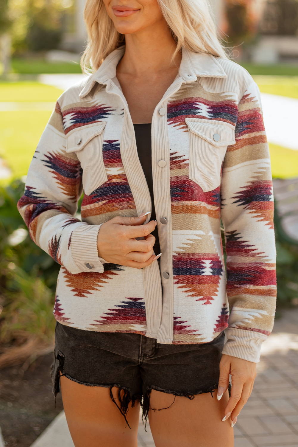 Multicolour Western Aztec Ribbed Patchwork Double Flap Pocket Raw Hem Shacket view 8