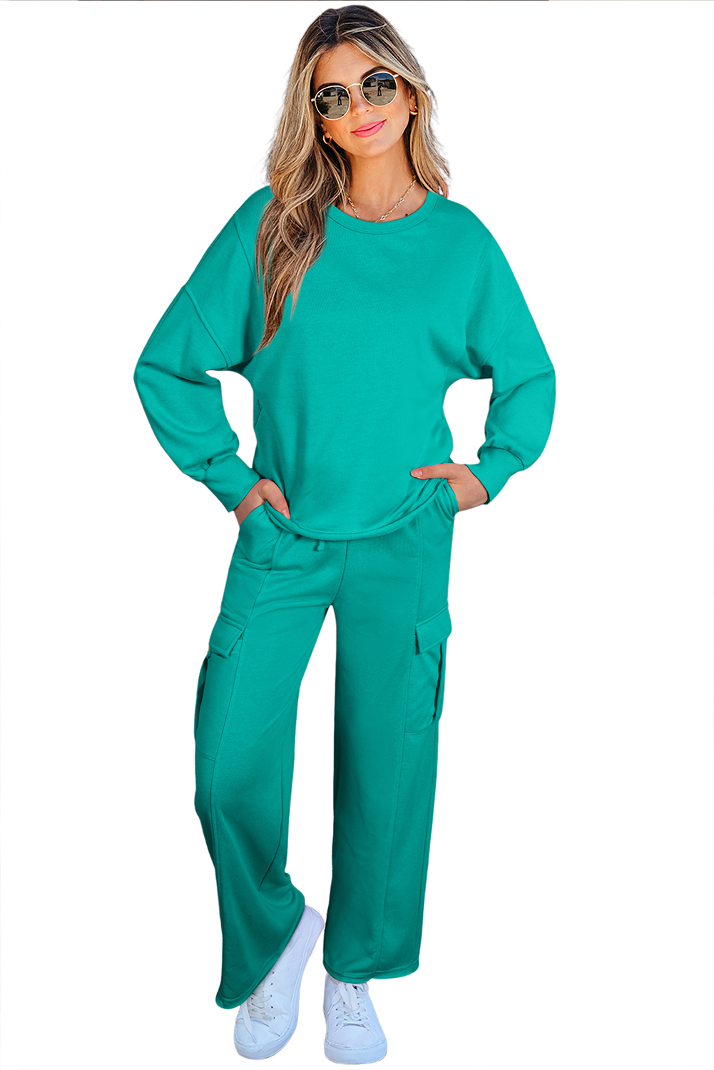 Solid Color Pullover Top and Cargo Pants Set view 31