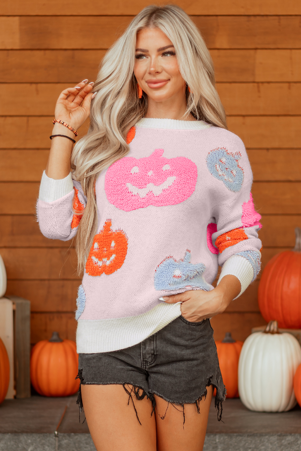 Beige Halloween Cute Pumpkin Pattern Sweater view 4