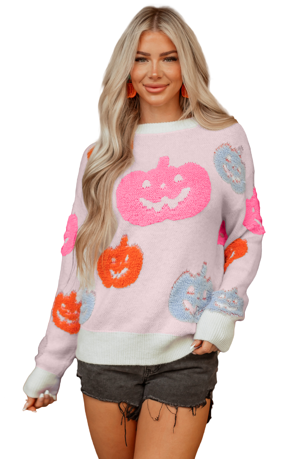 Beige Halloween Cute Pumpkin Pattern Sweater view 16