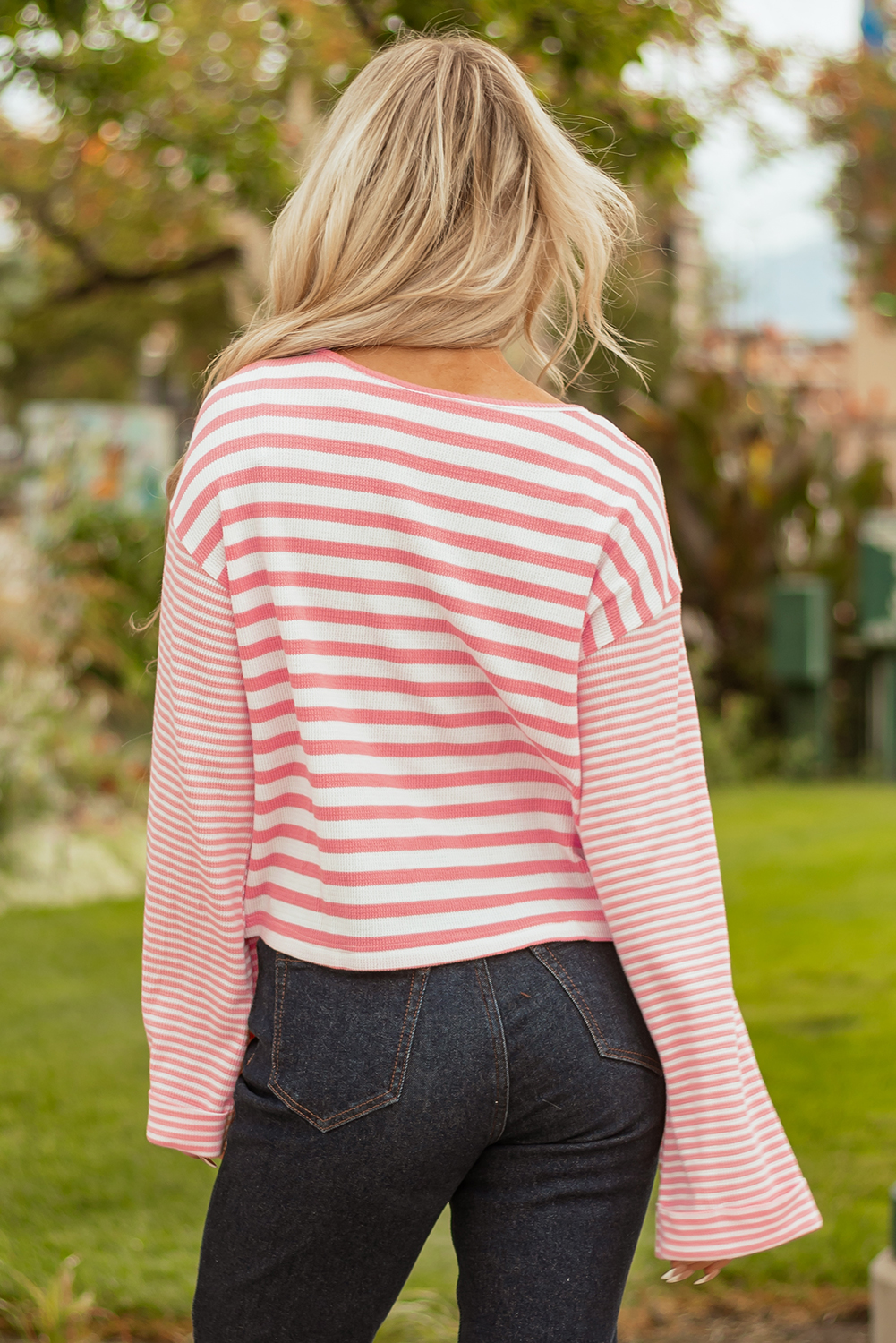 Pink Stripe Textured Contrast Dropped Long Sleeve Top view 2